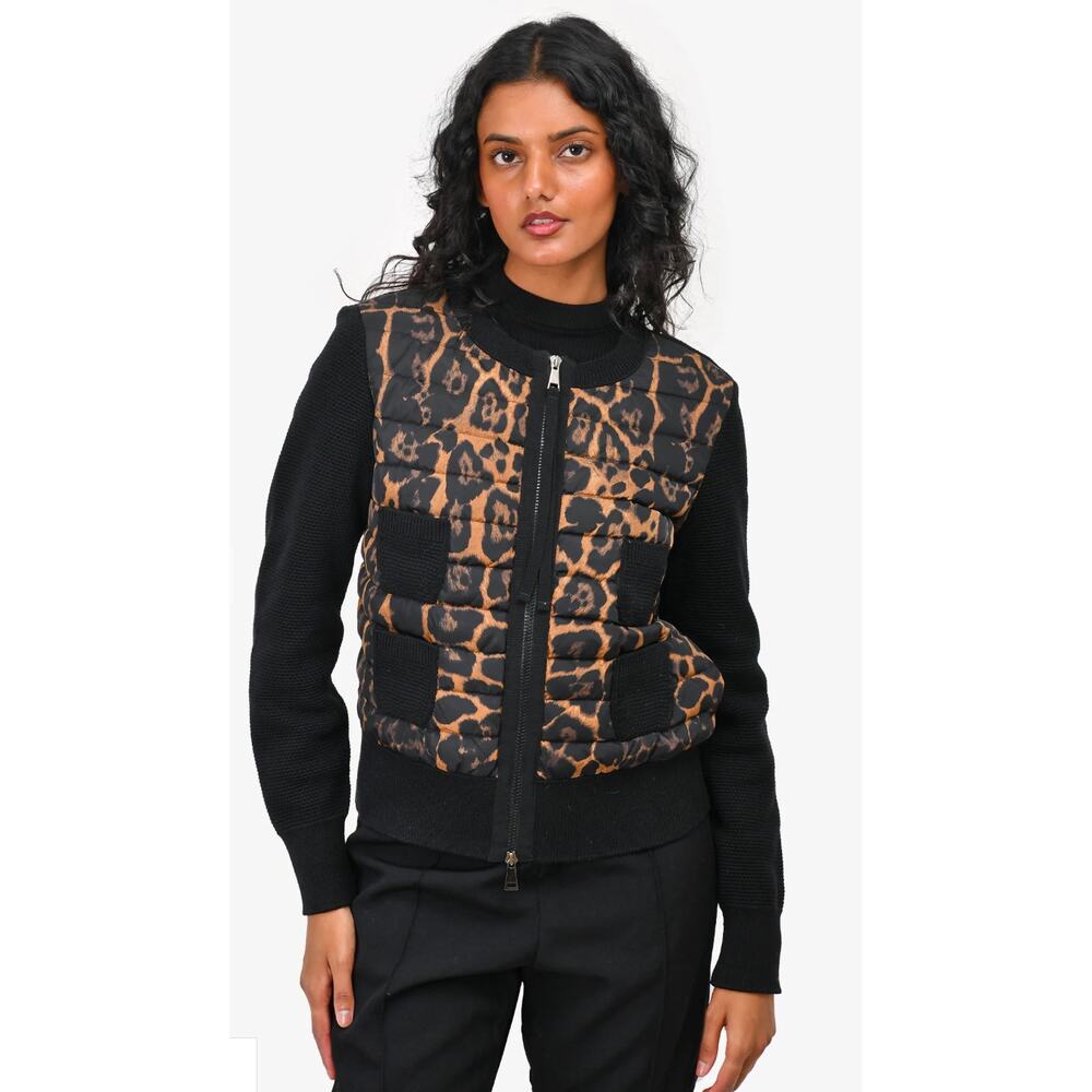 Moncler L Black Leopard Down Puffer 'Maglione Tricot' Knit Cardigan Jacket